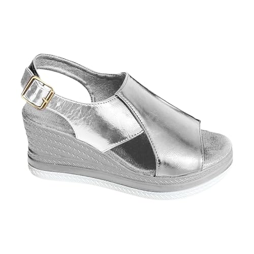 ZTFYKLIN Sandalias Deportivas Ortopédicas Para Mujer De Con Punta Redonda, Hebilla, Correa, Abierta, Tacón Cuña, Gruesa, Playa Pez Alpargatas Blancas (Silver, 36) Senderismo Verano Cuña Planta