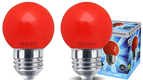Long Life Lamp Company 2 x Decor 2w LED Coloured Mini Golf Ball Light Bulb Red E27 Edison Screw Fitting