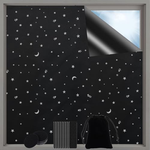 ZOCONE Tela Opaca para Ventanas Blackout 145x200cm Estores Opacos sin Taladrar Negra con Patrón, Portátil Tela Oscurecedora Persianas Interior Aislante Termico Cubre Protector Sol Ventana Casa Techo