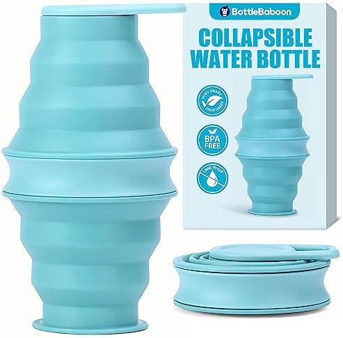 BottleBaboon Collapsible Water Bottles, Foldable Water Bottles for Travel, Ultra-Packable Collapsable Water Bottle, Silicone Water Bottle, Portable Collapse Water Bottles for Travel (17.5oz, Blue)