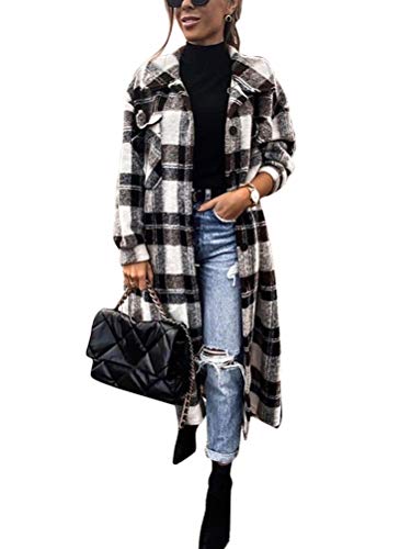 shownicer Damen Kariertes Taschen Knöpfen Langarm Oversize Bluse Mantel...