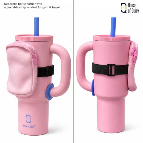 Image of House of Quirk Water Bottle Carrier Bag for Cards, Key 40 /30 oz Tumbler Neoprene Water Bottle Holder Pouch with Adjustable Strap (Pink)
