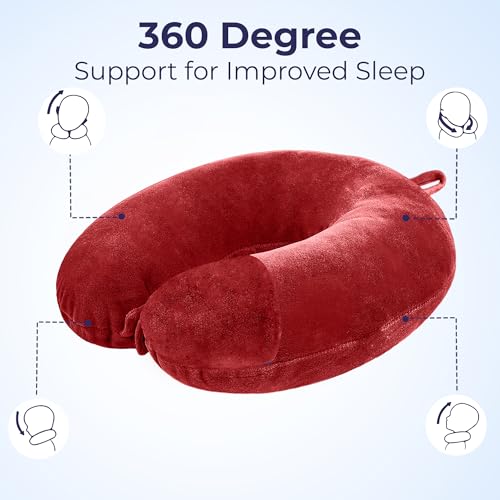 Image of U-Shaped Neck Pillow Soft Fiber Filled Travel Cushion with Snap Button, Comfortable Fabric, Neck Support for Flight, Bus, Car, Neck Pillow for Pain Relief (Red Combo)