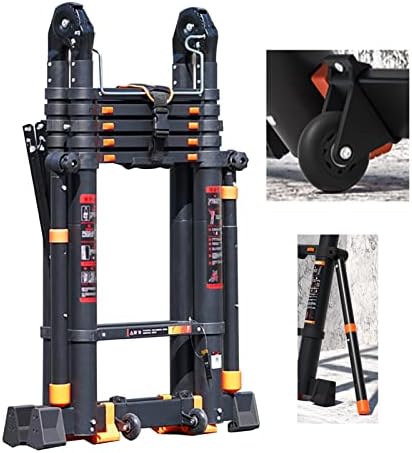 Telesladder Black Retraction Collapsible Ladder with Wheels, Aluminum Lightweight Home/Office/Work Folding Ladders - 10.8Ft/13.4Ft/16.1Ft/21.3Ft/24Ft/7.3M/24Ft