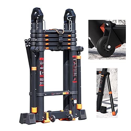 Telesladder Black Retraction Collapsible Ladder With Wheels, Aluminum Lightweight Home/Office/Work Folding Ladders - 10.8Ft/13.4Ft/16.1Ft/21.3Ft/24Ft/7.3M/24Ft #TOP1