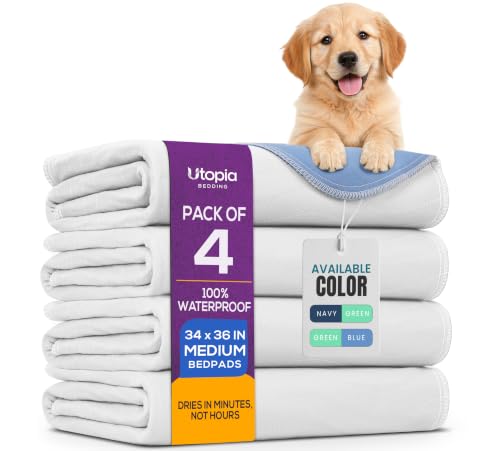 Image of 4 Pack Washable Pee Pads for Dogs 34 inch x 36 inch, Waterproof Dog Training Pads | Reusable Dog Training Pads for Sofa, Incontinence Bed Pads for Adults, Elderly and Kids (White,Blue) by Utopia Bedding