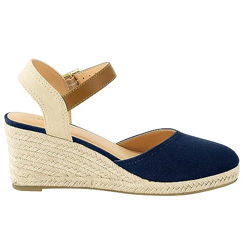 Image of PIZZ ANNU Women's Espadrille Low Wedge Heel Sandals with Buckle Ankle Strap Close Toe Casual Dressy Summer Platform Shoes