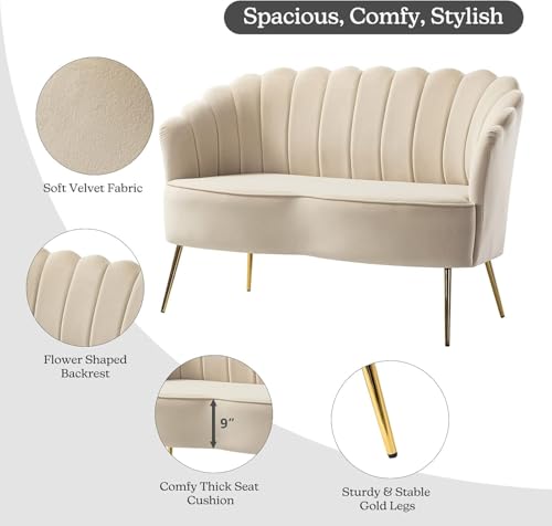 Image of Velvet 2 Seater Sofa Upholstered Loveseat Couch with Metal Legs Arm Backrest for Living Room Bedroom (Beige)