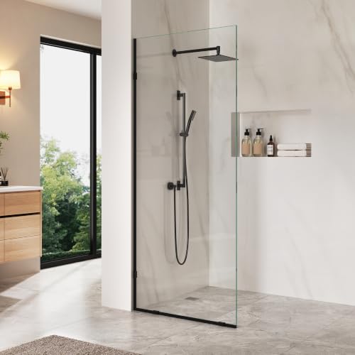 Image of DeerValley 32 inchx78 inch Frameless Shower Glass Panel, Matte Black | 3 /8'' Thick Tempered Glass, Stainless Steel Clamps, Reversible Installation, Easy to Clean