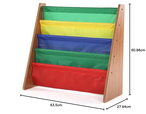 Image of Humble Crew 4-Tier Kids Bookshelf, Walnut Wood /Primary - Premium Book Shelf for Kids Rooms with Four Deep Pockets - Toddler Sling Book Rack with Deep Sleeves, Nursery Bookcase Organizer