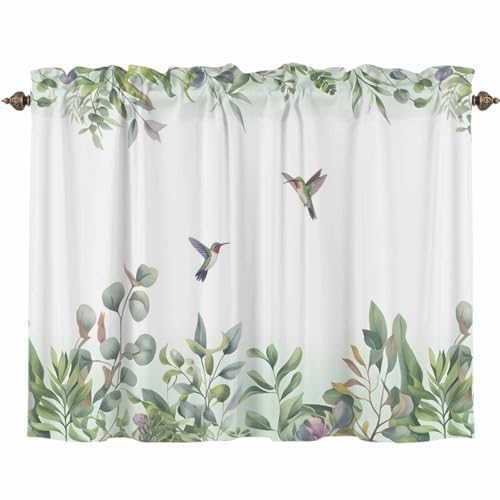 カフェカーテン 小窓用 100x70cm 遮光 UVカット 断熱 省エネ対策 洗える おしゃれ 北欧風 ロッドポケット式 目隠し カーテン 窓用 インテリア 玄関 キッチン用 植物 手描き 水彩画 ハチドリ