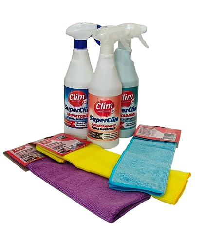 Clim Profesional Set Limpieza Completa SuperClim | Multiusos Mágico, Desengrasante y Limpia Baños | Uso Profesional y diario | 3 Botellas Pulverizadoras 750 ml + 3 Bayetas