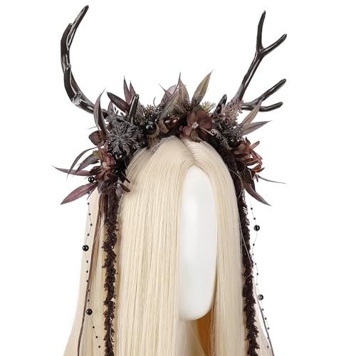 MOSTORY Flower Reindeer Headband for Women - Floral Antler Headpiece Woodland Deer Horns Hairband for Renaissance Cosplay2