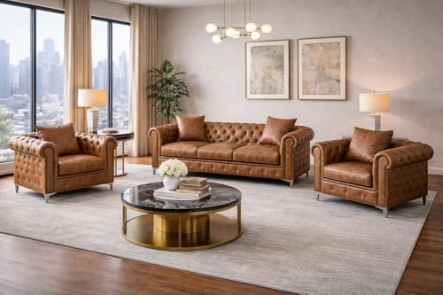 Image of Luxury Sofa Set Luxury Chesterfield Sofa in for Home Living Room & Office (3+1+1 Brown)