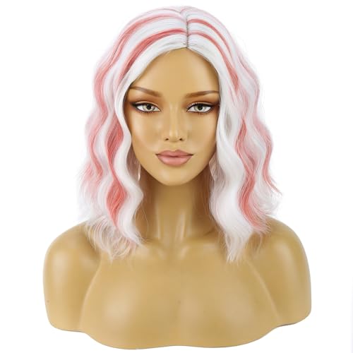 Image of BERON White and Red Short Curly Wave Wigs for Women Girls White Highlights Red Wavy Heat Resistant Synthetic Wig Cosplay Costume Party or Daily Wigs