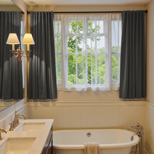 Image of Grey Velvet Curtains Modern Luxury Rod Pocket 42x63 Inch 2 Panels | Soft Velvet, Room Darkening, For Small Windows, Kitchens & Bathrooms, Light Shifting Texture, Elegant Drape, Cozy
