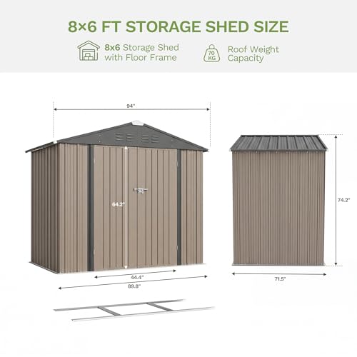 Image of Devoko 8 x 6 FT Storage Sheds with Floor Frame, Waterproof Garden Tool Shed with Lockable Door, Outdoor Metal Utility Shed for Backyard Patio Lawn, Brown