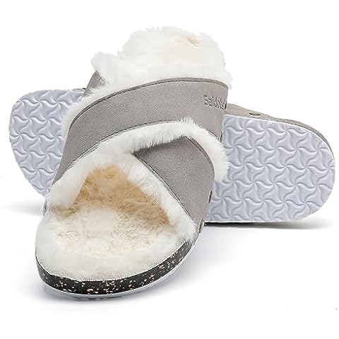 Saidoteto Women's Fuzzy Open Toe Slippers Cozy Fluffy Lined Plush House Slippers Cross Band Slide Slippers Cork Footbed.grey size 11 230426 Cover