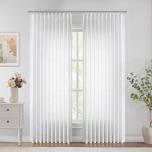 Image of Vision Home White Pinch Pleated Semi Sheer Curtains Textured Light Filtering Window Curtains 90 inch for Living Room Bedroom Patio Rayon Blended Pinch Pleat Drapes with Hooks 1 Panel 60 inch Wx90 L