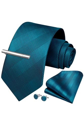 Image of HISDERN Plaid Ties for Men Classic Checkered Tie and Pocket Square Cufflinks Tie Clip Set Woven Men's Necktie Business