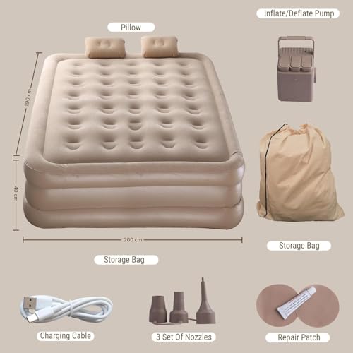Image of Double Bed Air Mattress with Built in Electric Pump Queen Size Inflatable Sleeping Bed Waterproof Flocked Surface Foldable Air Bed with Pillow Carry Bag for Home Travel Camping Guest Use