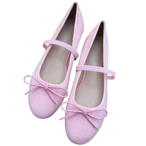 Image of TN TANGNEST Women's Mary Jane Flats Bow Ballet Shoes | Round Toe Flats with Buckle Strap Dressy Comfortable Faux Suede Flats