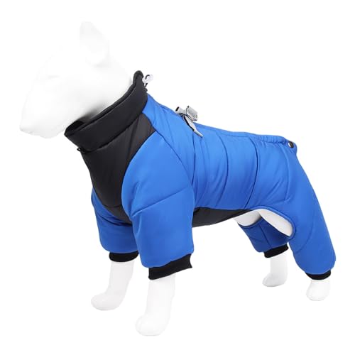 冬用の柔らかい犬用ジャケットベスト、脚付き冬用犬用コート、タートルネック防水犬用ジャンプスーツ、ハーネス、Dリング、反射ストリップ付き、中型小型犬用,ブルー,L