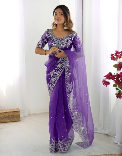 Image of SIRIL Women's Organza Sequence Embroidery Saree With Unstitched Blouse Piece