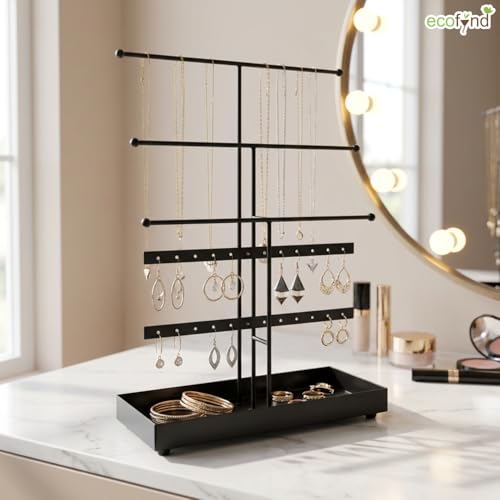 Image of ecofynd 5-Tier Metal Jewelry Organizer Stand with 3 Hanger & 24 Earring Holes,16-Inch Holder for Earrings, Necklaces, Bracelets & Rings, Space-Saving Display for Vanity & Dressing Table (Black, JS011)