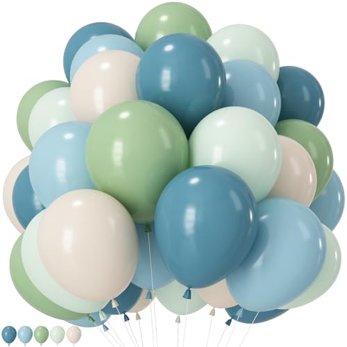 Image of Sage Green Dusty Blue Balloon, Boho Baby Shower Bridal Shower Party Balloon | 12Inch Light Green Blue Sand White Latex Balloons for Jungle Safari Bear Theme Birthday Wedding Anniversary Party Decorations