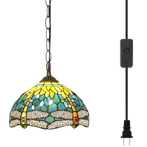 Blivuself Luminaires suspendus Tiffany Lampe suspendue en vitrail 12 pouces Style libellule verte antique Lampe à brancher pour la maison Îlot de cuisine...