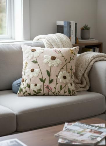 Image of CASA-NEST Linen Embroidery Cushion Cover, Size -16x16 inch, Pack of 2 pc, Decorative Sofa Cushion (Beige, 2)