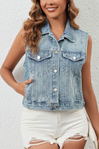 Women's Cropped Rhinestone Casual Denim Vest Top Sleeveless Button Down Jean Vest Jackets Outwear3