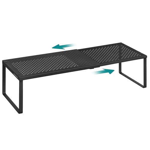 SONGMICS Spice Rack, Expandable Kitchen Countertop Shelf, Small Cupboard Organizer, Metal, Space-Saving Tabletop Shelf, Matte Black UKCS007B01