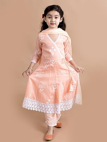 Image of Pspeaches Girls Peach-Coloured Floral Printed Angrakha Pure Cotton Kurta With Trousers With Dupatta (Orange-7-8Y)