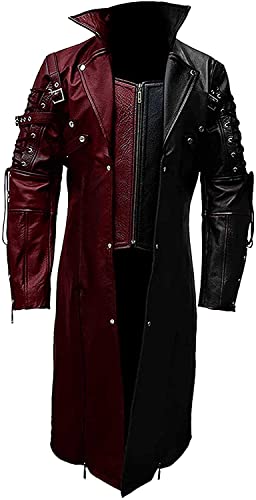 Leder Fashions Men's Gothic Genuine Leather Trench Coat - Burgundy and Black Steampunk Costume Matrix Trench Coat