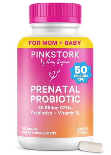 Pink Stork Prenatal Probiotics for Women | 50 Billion CFU | Vitamin B6 & Prebiotics | Pregnancy Probiotics for Morning Sickness | Digestive, Immune, & Gut Health | Pregnancy Must Haves, 30 Capsules