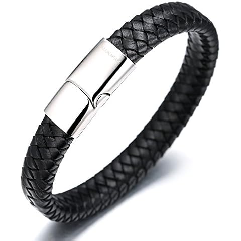 HALUKAKAH Kids ● Solo Junior ● Boy's Genuine Leather Bracelet Classic Black 6-12 Y/O. Titanium Magnetic Clasp 7"/18cm,Free Giftbox Cover