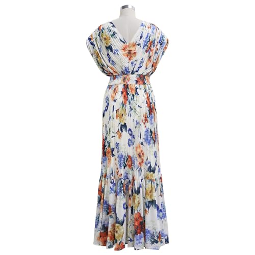 CHICWISH Women Floral Pleated Chiffon Maxi Dress V Neck Short Sleeve Elastic Waisted Flowy Summer Long Dresses3