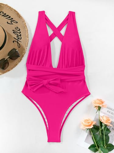 Image of Lilosy Sexy Tie Criss Cross Plunge One Piece Thong Swimsuit High Cut Brazilian Bathing Suit