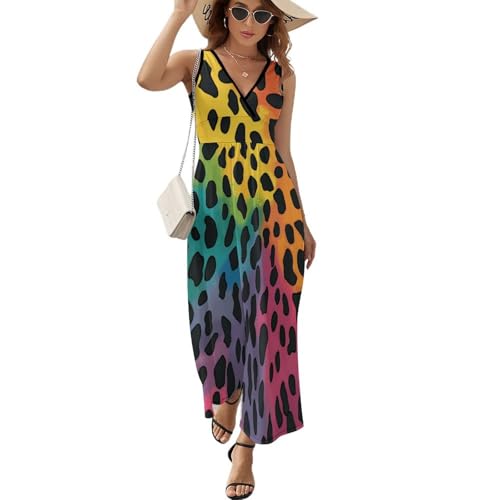 Robe longue imprimé léopard arc-en-ciel élégante et fluide pour femme
