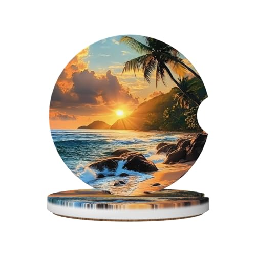 Set di 2 sottobicchieri in ceramica per auto, motivo: palme tropicali delle Hawaii, mare e spiaggia, antiscivolo, accessori per auto, con base in sughero e tacca