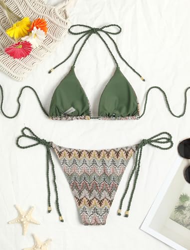 Image of ZAFUL 2 Piece Triangle Bikini for Women Knitted Rope Halter Bikini Sets Sexy Bathing Suit Side Tie Swimsuits Beachwear