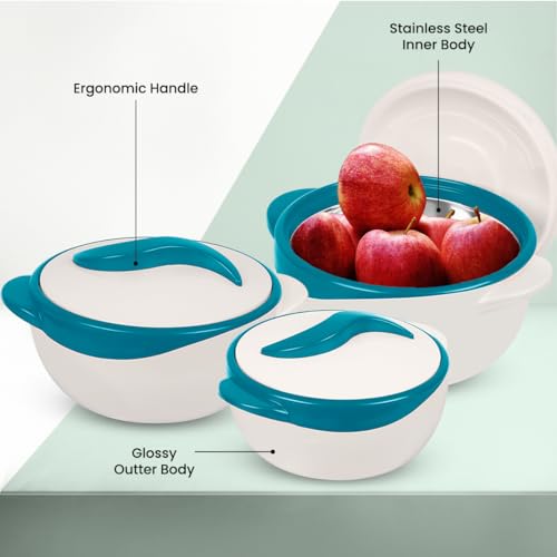 Foto von Pinnacle Servierschüssel für Salat/Suppenteller – Thermo-Schüssel mit Deckel – tolle Schüssel für den Urlaub, Abendessen und Party, 3 Stück (Türkis)
