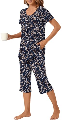 Image of Womens Summer Pajama Sets 2 Piece Short Sleeve Top and Capri Pants Plus Size Ladies Lounge Pjs Sets with Pockets