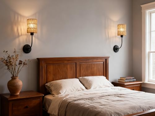 Image of Yosoan Set of 2 Rattan Boho Wrapped Wall Sconce Light, Indoor Hardwired Gold Hand-Woven Farmhouse Vintage Lamps, Brass Braided Rope Shade Wall Mount Fixture for Reading Bedroom(Black)