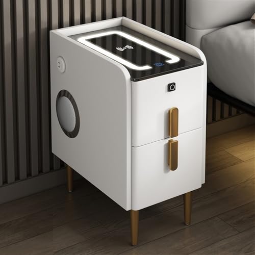 Mesilla de noche , Mesita de noche inteligente Ｎarrow Mesita de noche con carga inalámbrica Mesa con cajones dobles y altavoz con iluminación de detección táctil ajustable for dormitorio(Blanc,13.8*15