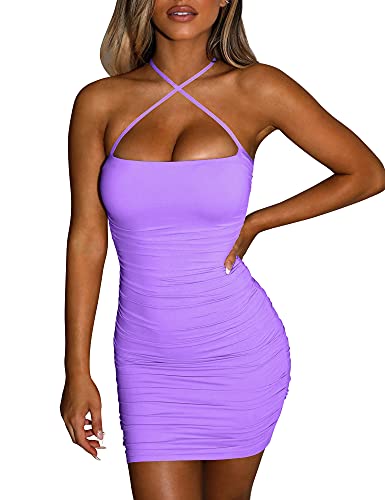 BORIFLORS Women s Sexy Bodycon Sleeveless Ruched Spaghetti Strap Mini Club Party Dress, Medium, Purple