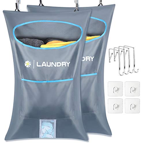 Lemecima 2 bolsas para cesto de ropa para colgar en la puerta, recolector de ropa con ganchos para puerta de acero inoxidable, para dormitorio, ba�o, dormitorio, gris