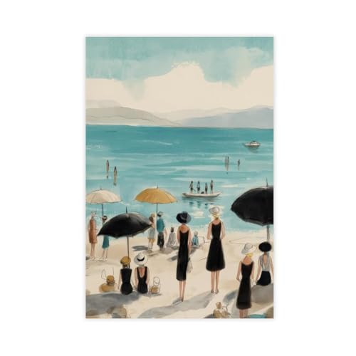 Summer Beach Scene Art Poster, Retro Fashion Women Sunbathing Print, Vintage Coastal Seascape Watercolor Wall Art, Minimalist Seaside Life Paper Decor for Living Room Bedroom, Unframed 8x12 Inch